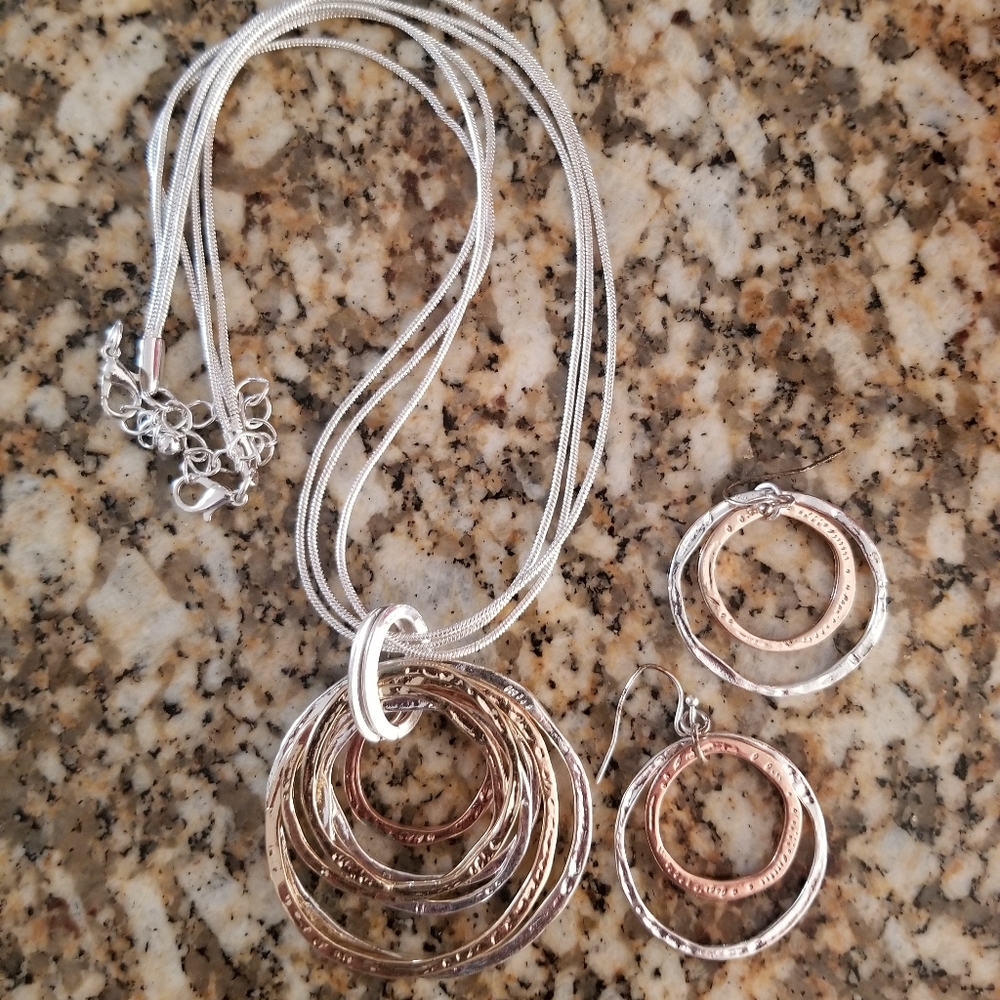 Silver necklace punched metal with earrings